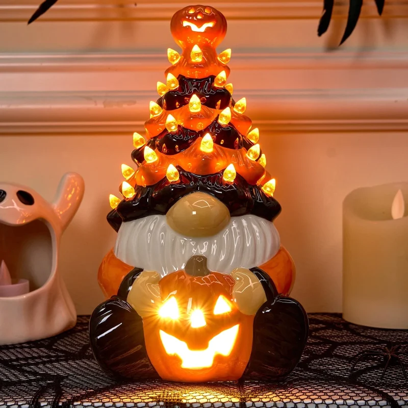 Joyfy 8.5 inch Halloween Decorations Ceramic Gnome Tree Decorations with Build-in LEDs, Light Up Pumpkin Table Decor Bed