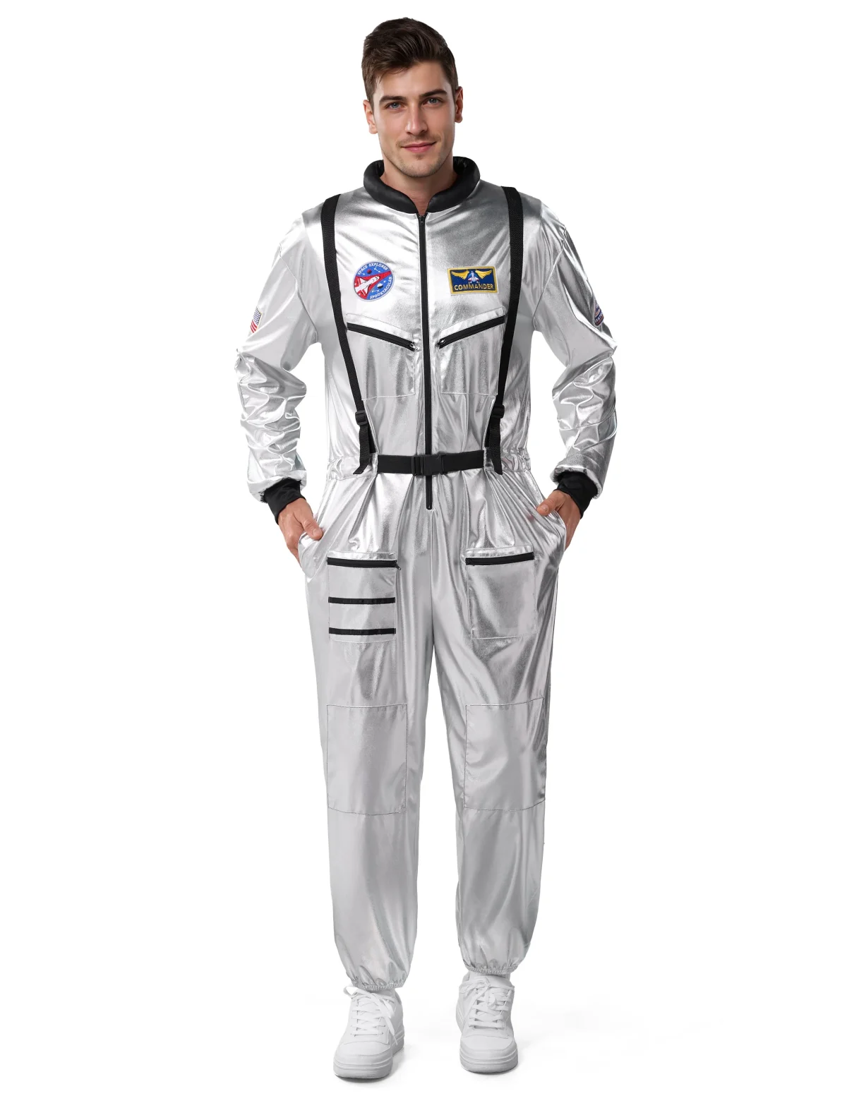 Joyfy Adult Men Astronaut Costume Halloween Spaceman Costume Silver Space Suit Spaceman Jumpsuit Pilot Outfit for Hallow
