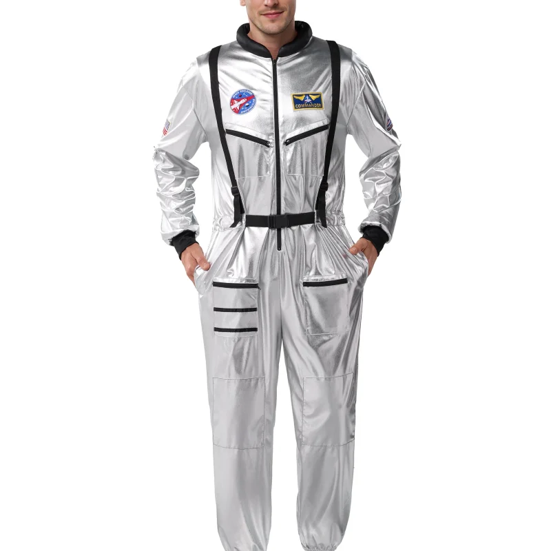 Joyfy Adult Men Astronaut Costume Halloween Spaceman Costume Silver Space Suit Spaceman Jumpsuit Pilot Outfit for Hallow