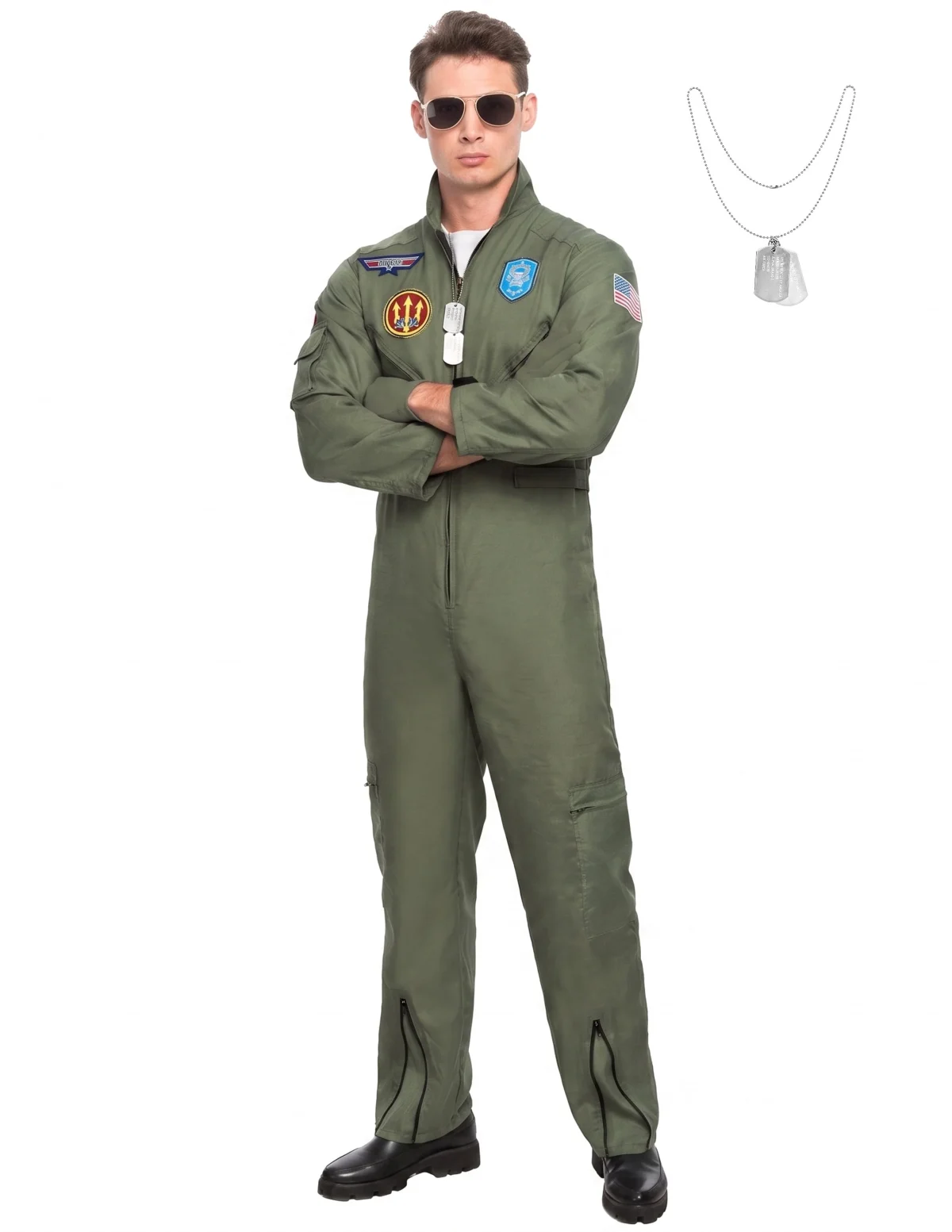 Joyfy Flight Pilot Costume for Adults Pilots Uniform Costume Movie Icon Green Jumpsuit for Men Halloween Party Fancy Dre