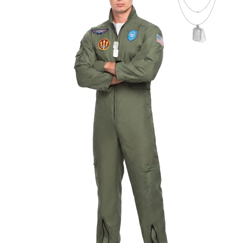 Joyfy Flight Pilot Costume for Adults Pilots Uniform Costume Movie Icon Green Jumpsuit for Men Halloween Party Fancy Dre