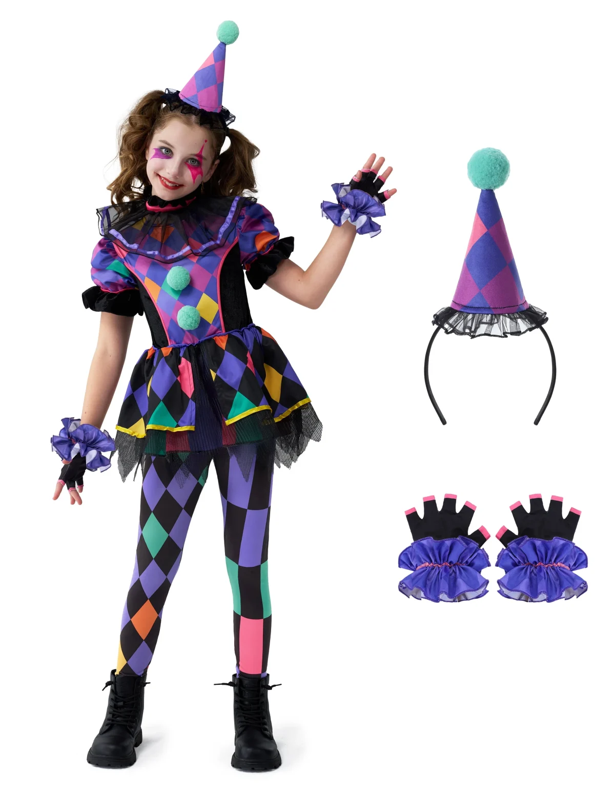 Joyfy Girls Clown Costume, Halloween Scary Clown Costume, Dark Colorful Twisted Clown Jester Dress for Girls Halloween D
