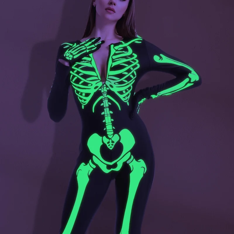 Joyfy Glow in the Dark Skeleton Costume for Adults Women Halloween Dress Up Party Role Playing Cosplay