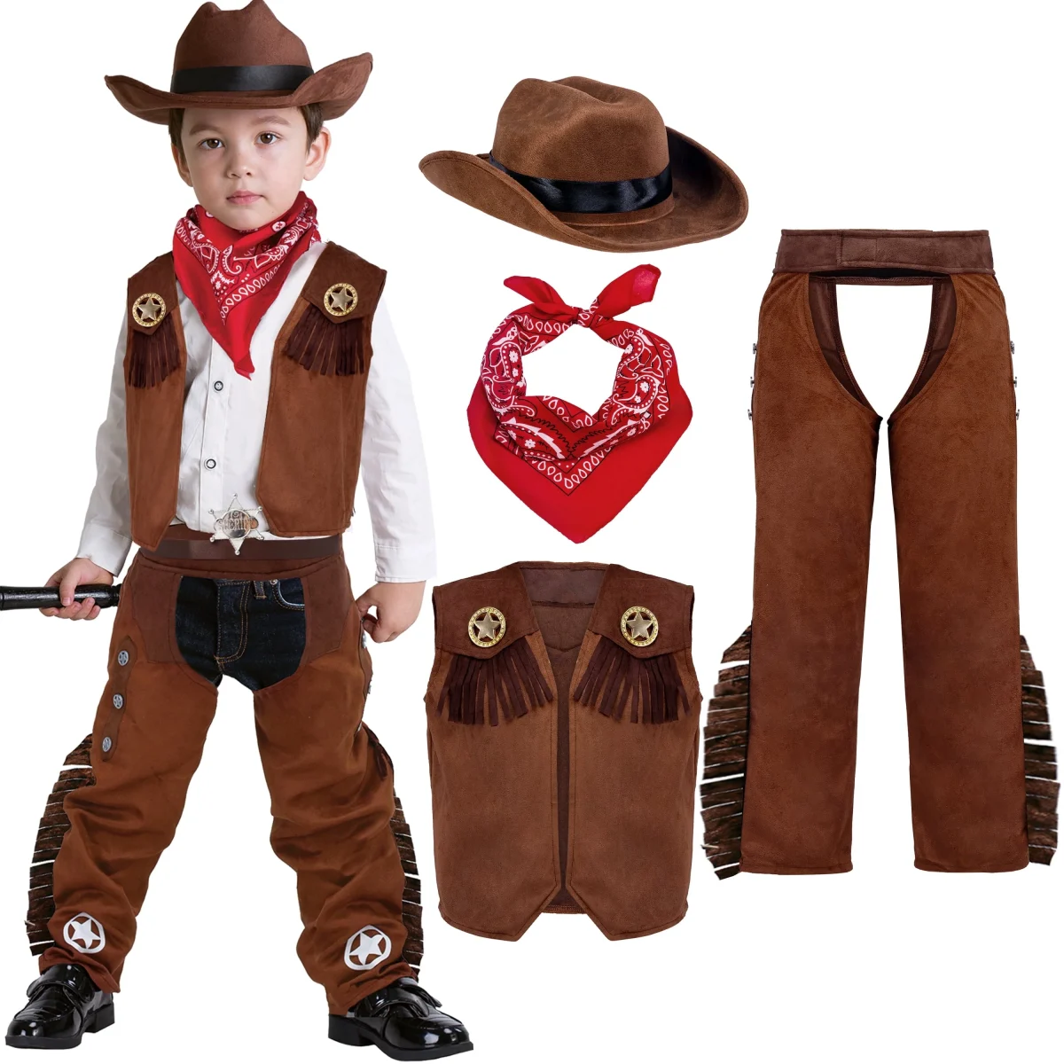 Joyfy Halloween Cowboy Costume for Boys, Kids Cowboy Costume Set, Brown Western Style Cowboy Outfit with Cowboy Hat for