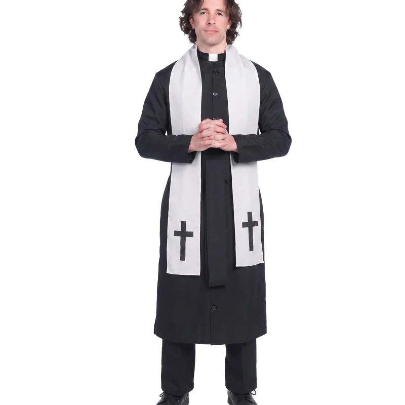 Joyfy Men's Priest Costume Black Priest Father Robe Stole for Halloween Party Dress up Cosplay