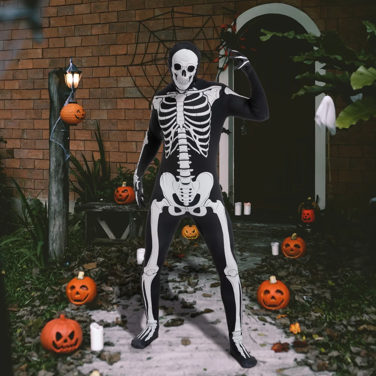 Joyfy Skeleton Costume for Adults, Skeleton Bone Bodysuit Halloween Costumes for Men with Skeleton Hood Mask, Halloween