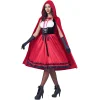 Joyfy Women Little Red Riding Hooded Costume with Dress, Cape and Gloves, Adult Women Halloween Costume for Halloween Pa