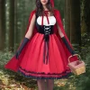 Joyfy Women Little Red Riding Hooded Costume with Dress, Cape and Gloves, Adult Women Halloween Costume for Halloween Pa