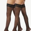 Joyspun Sheer Lace Top Thigh High Stockings for Women, Regular & Plus Sizes, 2-Pack