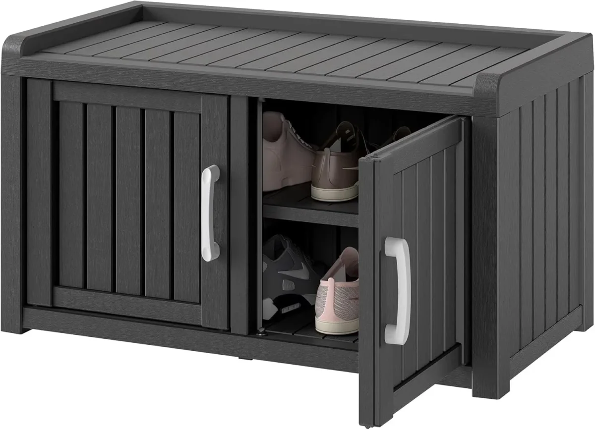 KAMABOKO Outdoor Shoe Storage Cabinet, Black, 2 Doors