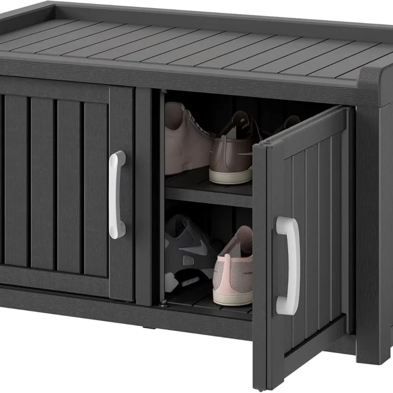 KAMABOKO Outdoor Shoe Storage Cabinet, Black, 2 Doors
