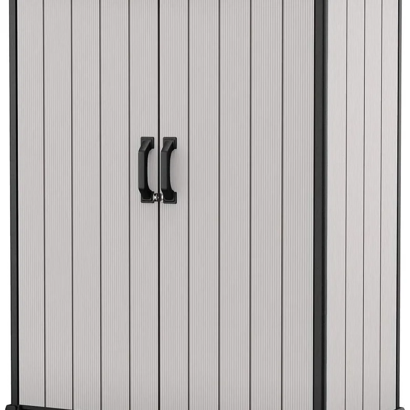 Keter Premier Tall Vertical Resin Outdoor Storage Shed With Floor And Locking Double Doors - Grey