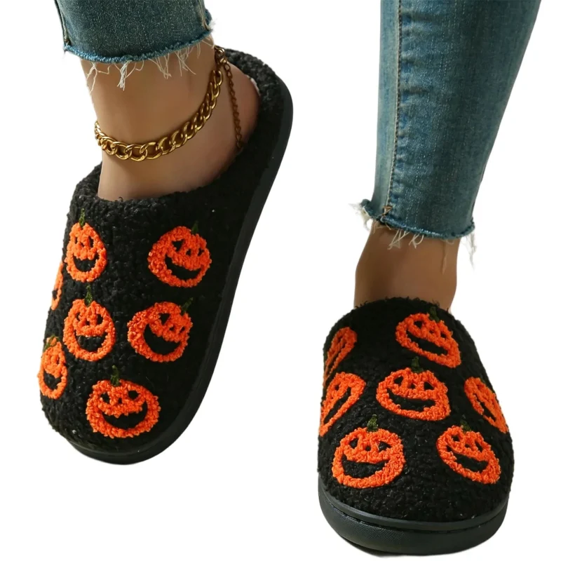 KEVCHE Halloween Cute Pumpkin Cotton Closed Toe Slippers for Women, Soft Warm Indoor House Foam Slippers, Cozy Fluffy Fa