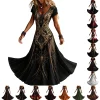 KICILVS Gothic Clothes For Women Black Spiderweb And Spider Print Flowing V Neck Long Maxi Dress Halloween Cosplay Gothi