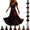 KICILVS Gothic Clothes For Women Black Spiderweb And Spider Print Flowing V Neck Long Maxi Dress Halloween Cosplay Gothi