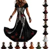 KICILVS Gothic Clothes For Women Black Spiderweb And Spider Print Flowing V Neck Long Maxi Dress Halloween Cosplay Gothi
