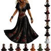 KICILVS Gothic Clothes For Women Black Spiderweb And Spider Print Flowing V Neck Long Maxi Dress Halloween Cosplay Gothi