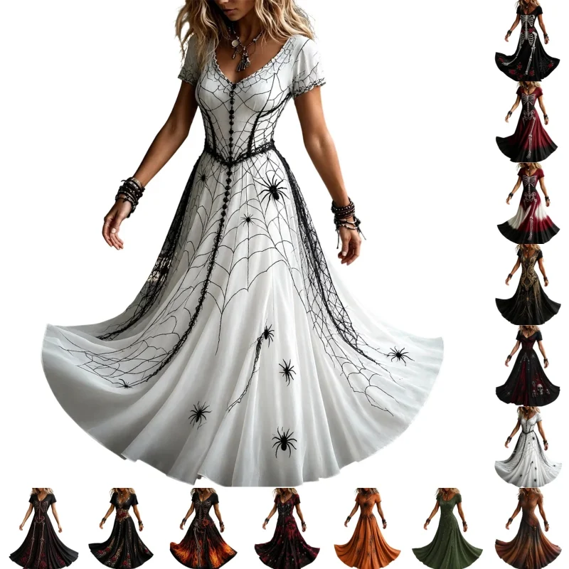 KICILVS Gothic Clothes For Women Black Spiderweb And Spider Print Flowing V Neck Long Maxi Dress Halloween Cosplay Gothi