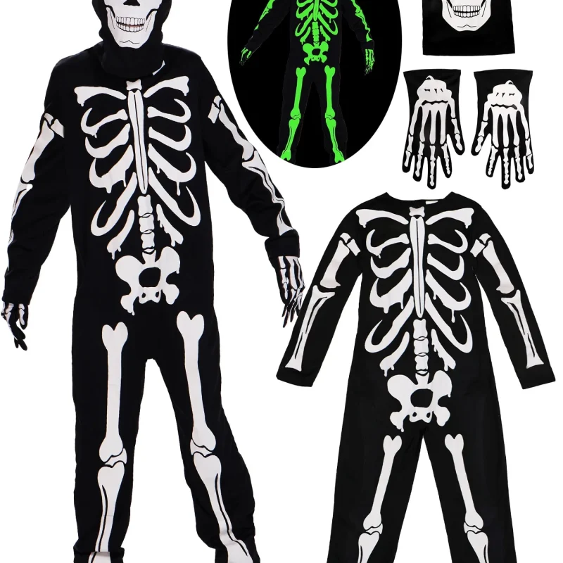 Kids Boys Halloween Skeleton Costume Glowing in The Dark with Mask Gloves Fancy Dress Outfit Green 4-12 Years