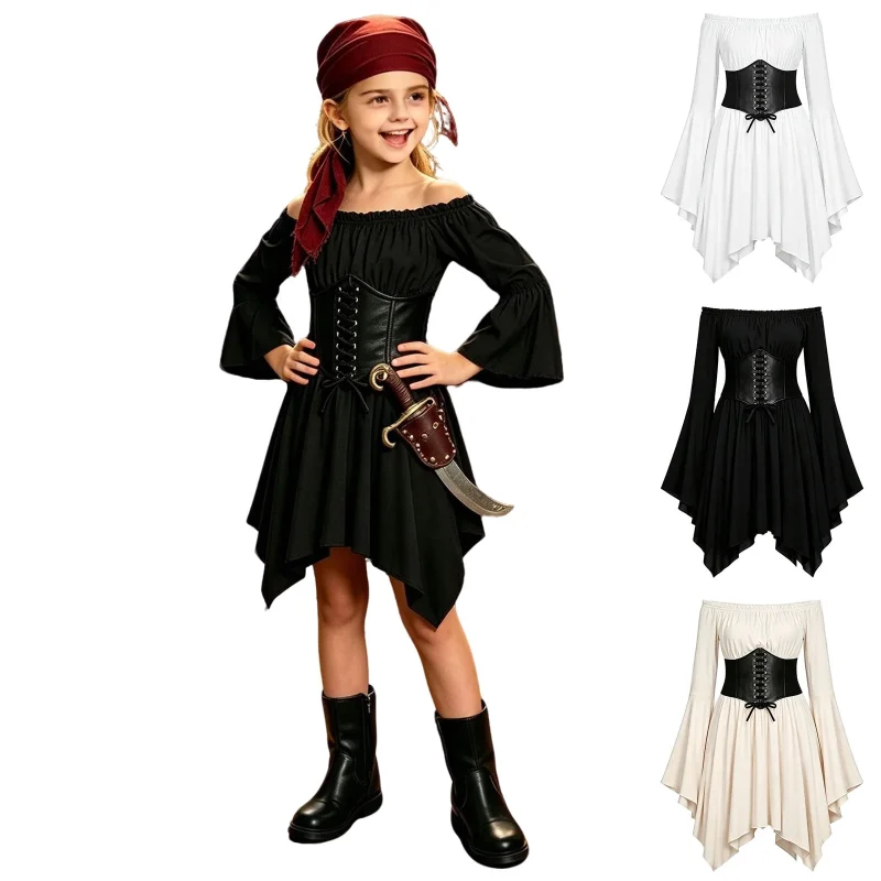 Kids Off the Shoulder Pirate Dresses with Sash Two Piece Set Pirate Costume Halloween Cosplay Halloween Costume Kids Siz