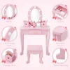 Kids Wood Vanity Table And Chair Set With Lights, Mirror, Drawer And Stool
