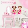 Kids Wood Vanity Table And Chair Set With Lights, Mirror, Drawer And Stool