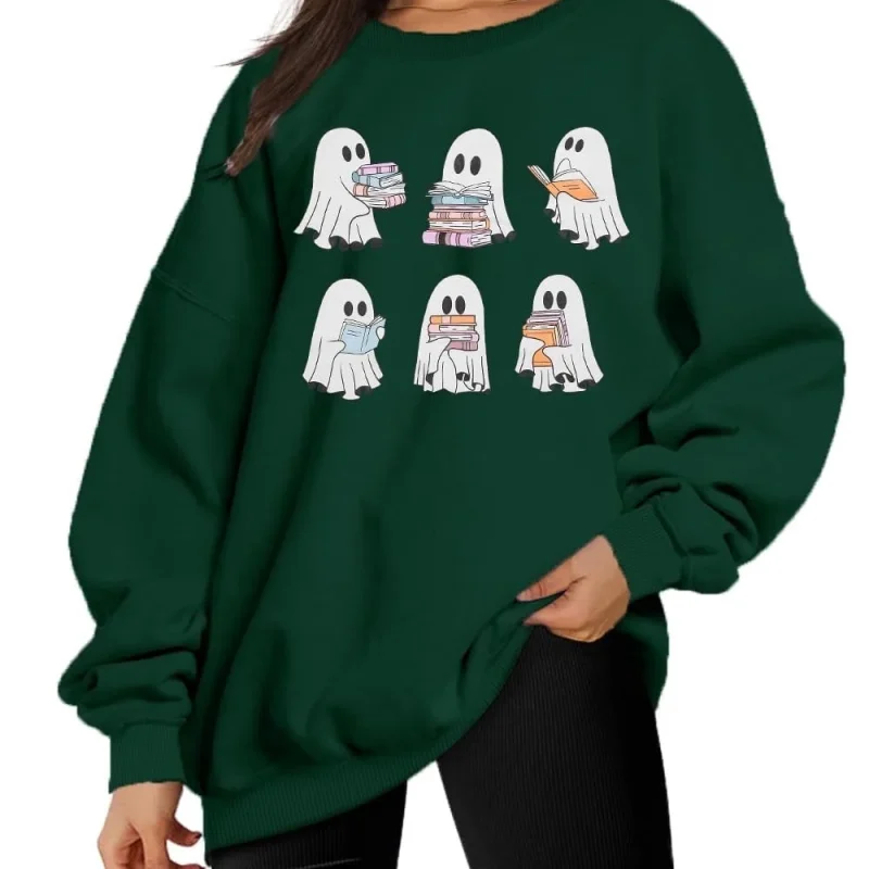 KimSoong Halloween Sweatshirts for Women Ghost Reading Books Sweater Cute Spooky Bookish Shirt Fall Pullover Tops