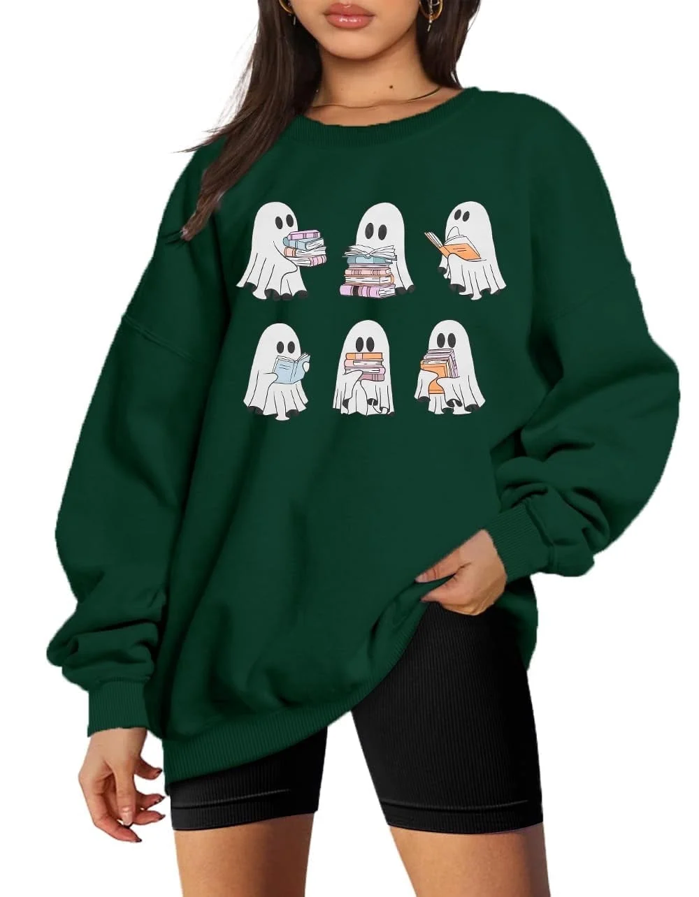 KimSoong Halloween Sweatshirts for Women Ghost Reading Books Sweater Cute Spooky Bookish Shirt Fall Pullover Tops