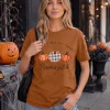 KimSoong Women Halloween Shirt Plaid Pumpkins Graphic Crew Neck Short Sleeve T-Shirts Tops