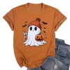 KimSoong Women Halloween T-Shirt Cute Ghost Fall Pumpkin Graphic Shirt Coffee Lover Tees Short Sleeve Tops