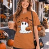 KimSoong Women Halloween T-Shirt Cute Ghost Fall Pumpkin Graphic Shirt Coffee Lover Tees Short Sleeve Tops