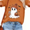 KimSoong Women Halloween T-Shirt Cute Ghost Fall Pumpkin Graphic Shirt Coffee Lover Tees Short Sleeve Tops
