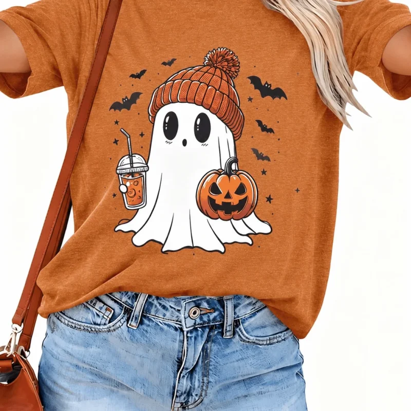 KimSoong Women Halloween T-Shirt Cute Ghost Fall Pumpkin Graphic Shirt Coffee Lover Tees Short Sleeve Tops