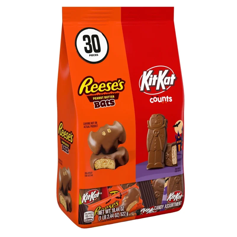 Kit Kat and Reese's Assorted Milk Chocolate, Halloween Candy Bag, 18.44 oz (30 Pieces)