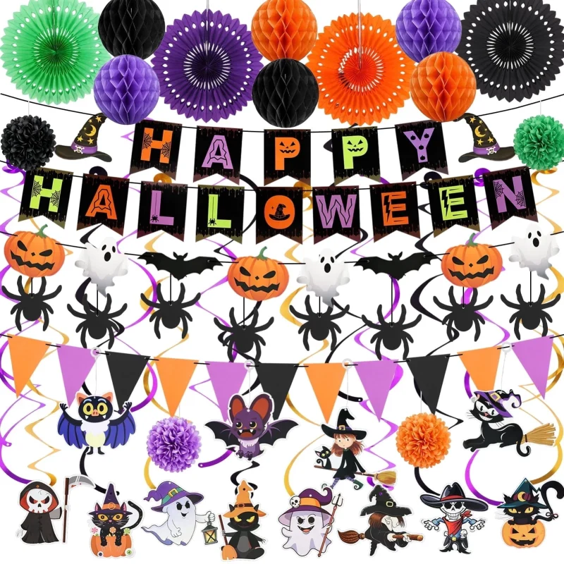 KORALAKIRI Halloween Party Decorations Happy Halloween Banner Honeycomb Balls Paper Fans Hanging Swirls Triangle Garland