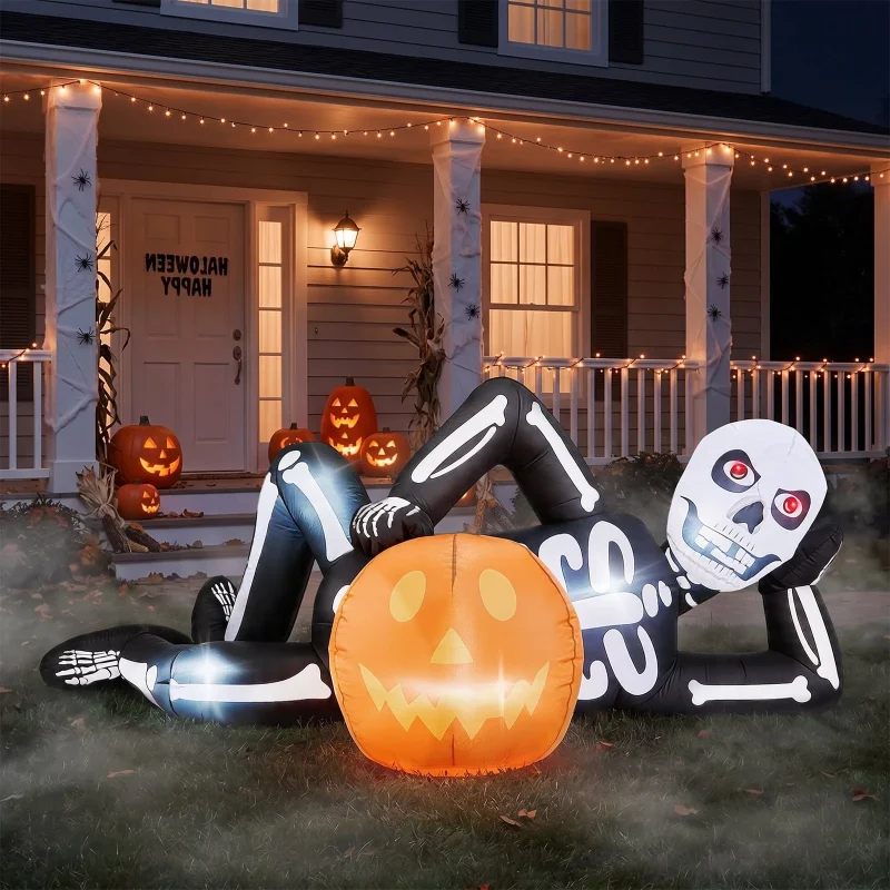 Ktaxon 7' Halloween Inflatables Skeleton Outdoor Halloween Decoration Reclining Skeleton with Pumpkin,Built-In LED Light