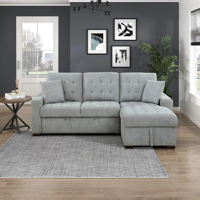 L-Shaped Sleeper Sectional Sofa With Right-Side Storage Chaise And Pull-Out Bed - Gray Fabric