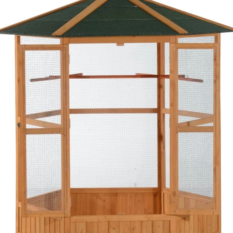 Large Wooden Hexagonal Outdoor Aviary Flight Bird Cage With Covered Roof