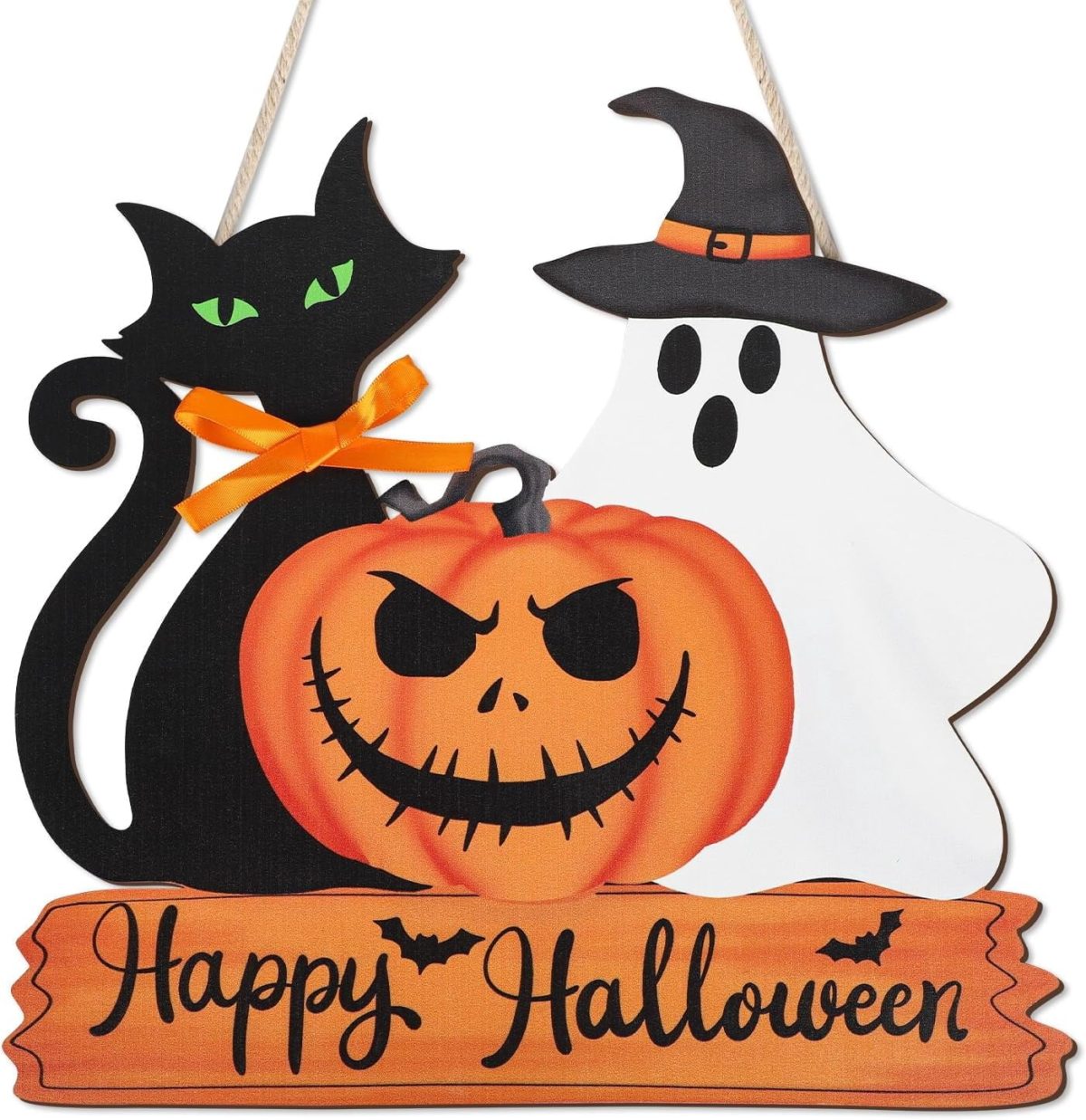 Lethargic Happy Halloween Door Sign Wooden Ghost Pumpkin Black Cat Door Wreath Halloween Hanging Decorations for Porch W
