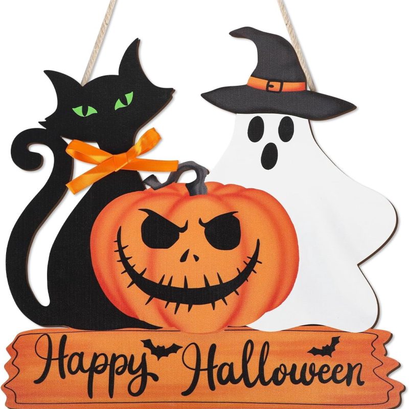 Lethargic Happy Halloween Door Sign Wooden Ghost Pumpkin Black Cat Door Wreath Halloween Hanging Decorations for Porch W