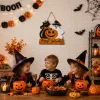 Lethargic Happy Halloween Door Sign Wooden Ghost Pumpkin Black Cat Door Wreath Halloween Hanging Decorations for Porch W