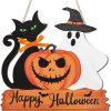 Lethargic Happy Halloween Door Sign Wooden Ghost Pumpkin Black Cat Door Wreath Halloween Hanging Decorations for Porch W