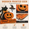 Lethargic Happy Halloween Door Sign Wooden Ghost Pumpkin Black Cat Door Wreath Halloween Hanging Decorations for Porch W