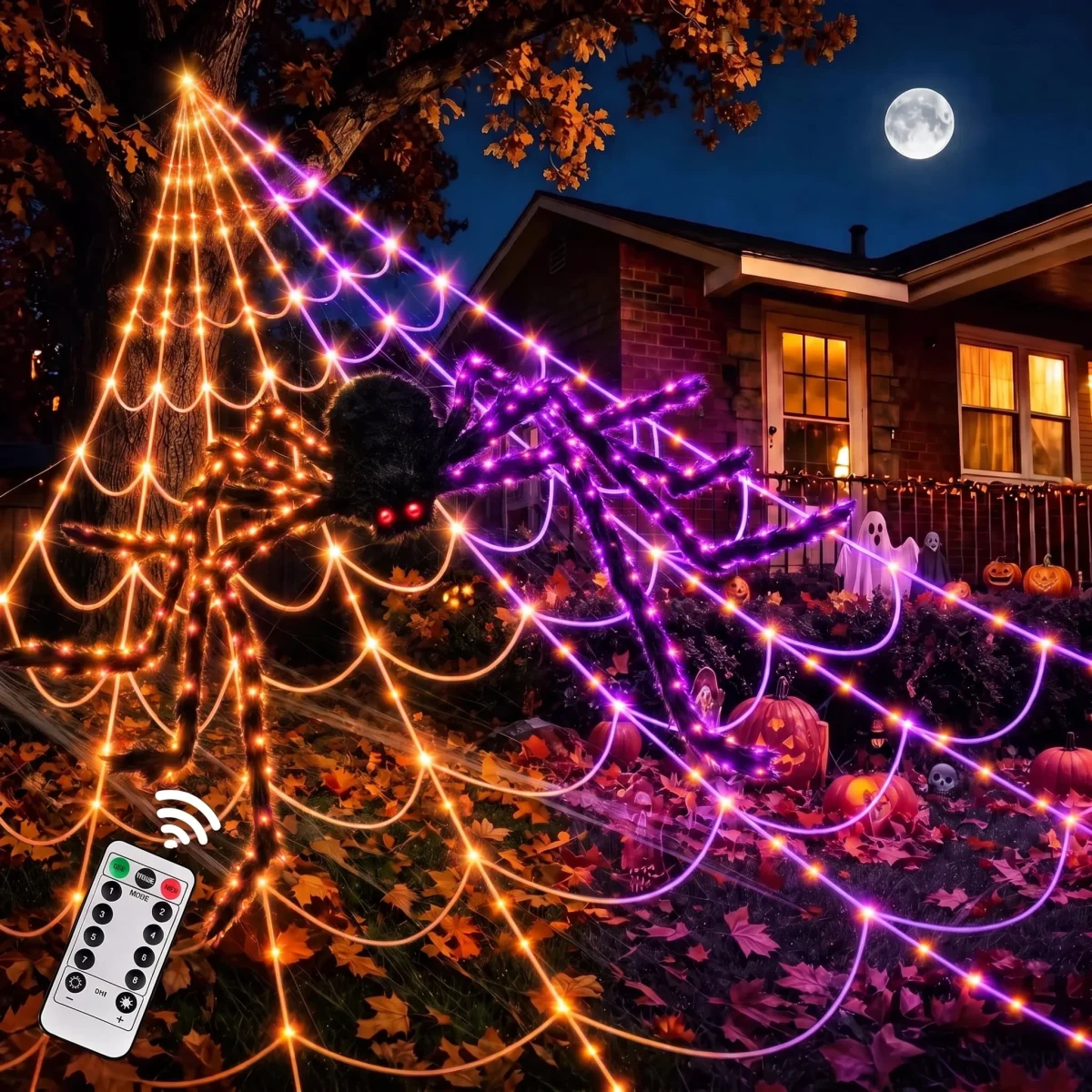 Leyaron Halloween Decorations Outdoor, 350 LED Halloween Spider Web String Lights with 79" Lighted Spider for Outdoor Ga
