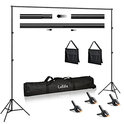 Lidlife Adjustable Photography Backdrop Stand Kit, 6.5 x 10ft - With 4 Spring Clamps, Sand Bag And Carry Bag