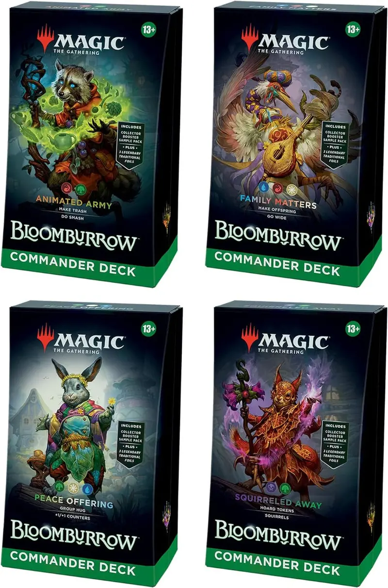 Magic: The Gathering Bloomburrow Commander Deck Bundle - Four Themed Decks: Animated Army, Family Matters, Peace Offerin