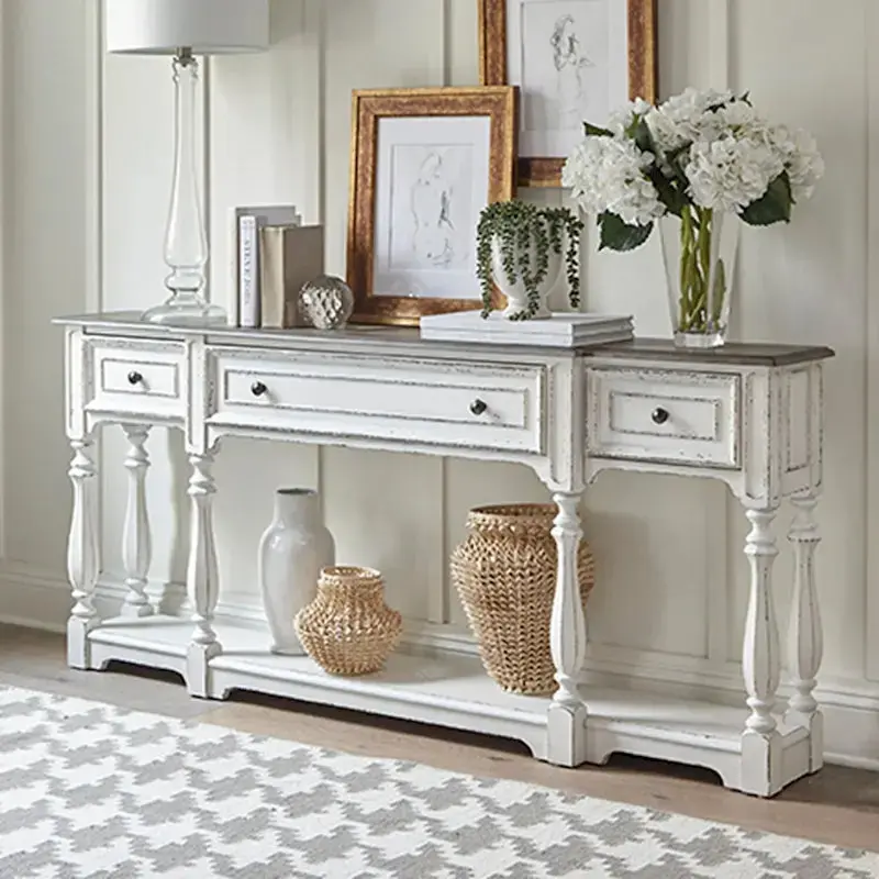 Magnolia Manor Hall Console Table, 72 in, Antique White And Weathered Bark Finish