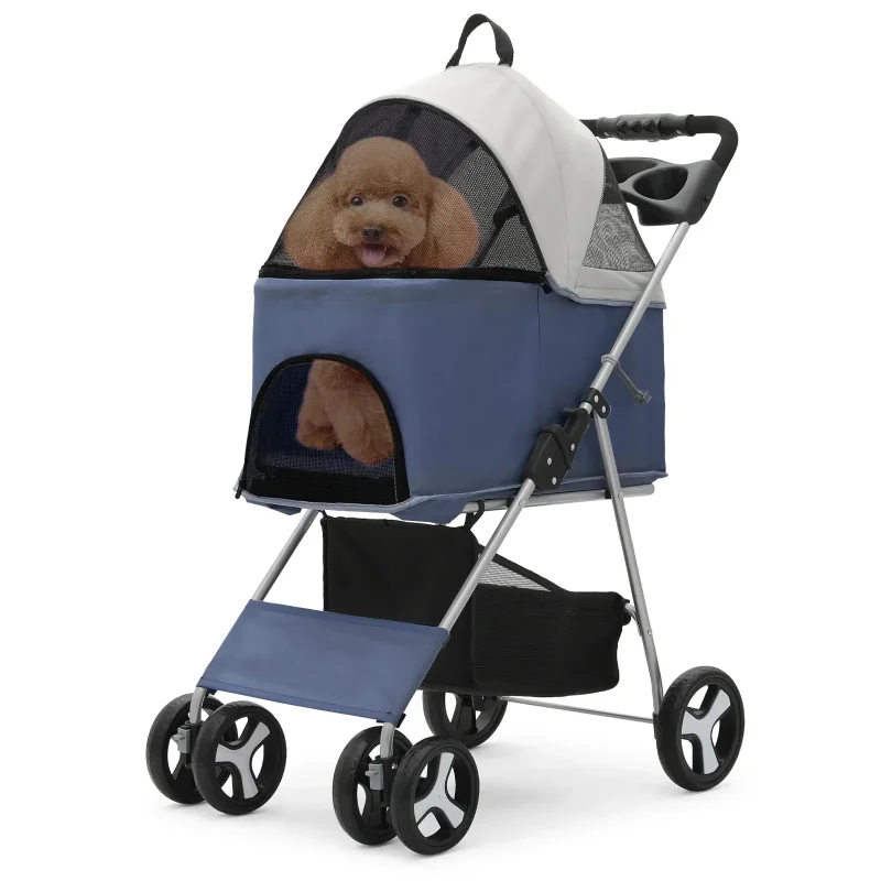 Magshion Foldable Pet Stroller, 4 Wheel, Navy Blue, 33 lbs Capacity