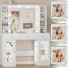 Makeup Vanity Desk With Mirror, LED Lights, Glass Top, 3 Drawers And 2 RGB Glass Cabinets, White