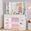 Makeup Vanity Desk With Mirror, LED Lights, Glass Top, 3 Drawers And 2 RGB Glass Cabinets, White